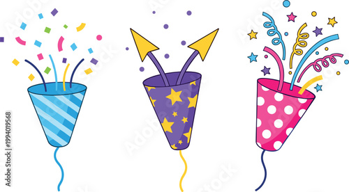 Colorful party poppers with confetti bursts isolated on white background celebration set