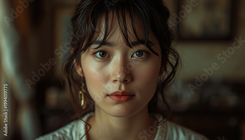 Soft warm portrait of young woman with neutral expression in subdued interior