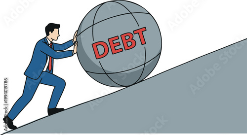 Businessman Struggling to Push Debt Ball Up a Steep Hill