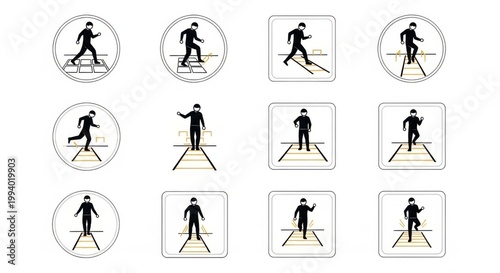 Safe Passage Pictogram Set Illustrating Pedestrian Crossing and Social Distancing