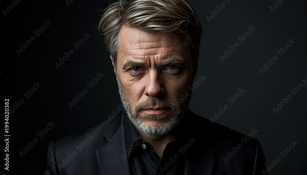 Obraz premium Mature man portrait serious expression dramatic lighting grey beard suit jacket