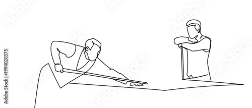 Two people are competing in a snooker game one is standing and waiting. in Single continuous line drawing Editable stroke.