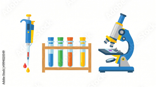 Set of Flat Laboratory Equipment Icons including Microscope and Pipette
