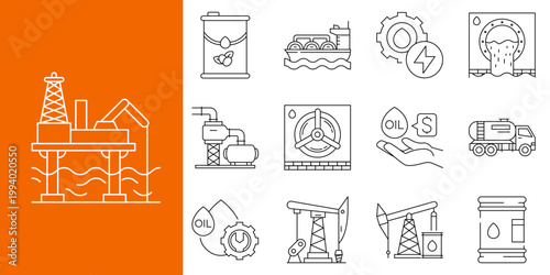 Comprehensive Collection of Oil and Gas Industry Line Icons Covering Exploration, Production, and Transportation Processes