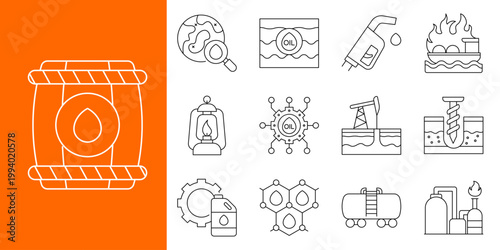 Petroleum Industry Line Art Icons Collection Essential Symbols for Oil and Gas Exploration, Production, Refining, and Energy Business Concepts in Outline Vector Design