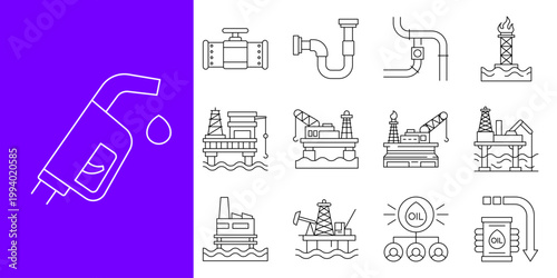 Line icons representing the oil and gas industry, including drilling, refining, pipelines, and fuel distribution, showcasing energy sector infrastructure elements