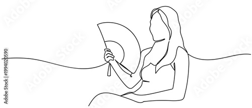 An Asian woman holding a folding fan in her hand. in Single continuous line drawing Editable stroke.