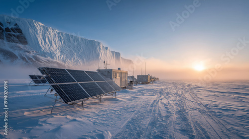 Solar Panels Amidst Ice Majesty: Capturing the fortitude of energy generation in a remote, ice-covered region.