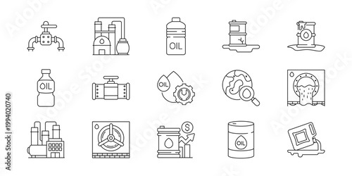 Oil and gas industry line icons illustrating petroleum extraction, energy production, refinery operations, fuel distribution, and environmental impacts