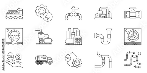 Industrial Equipment and Systems Icons Set for Energy and Production Processes