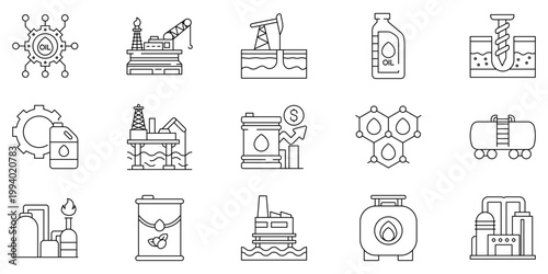 Set of icons representing the oil and gas industry, including extraction, refining, storage, and transport