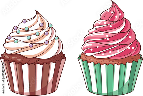 Cupcake Illustration Set with Chocolate and Strawberry Frosting, Colorful Sweet Dessert Treats for Bakery Design, Party Graphics, and Cute Food Concepts