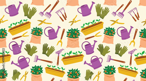 Colorful Seamless Gardening Pattern with Hand Tools Watering Cans Seedlings and Orange Trees for Horticulture and Spring Planting