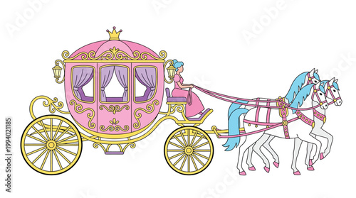 Elegant Pink Royal Carriage and White Horses with Female Driver Illustration Isolated on White Background