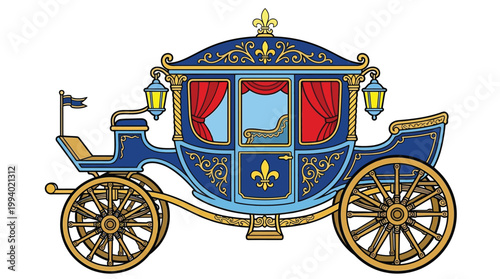 Ornate Royal Carriage Illustration Luxury Vintage Gold and Blue Coach for Fairytale Wedding and Classic History Concepts