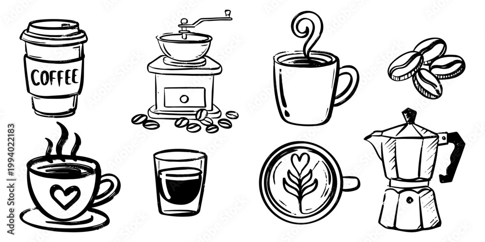 Fototapeta premium Coffee Shop Hand Drawn Doodle Vector Elements Set
