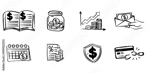 Hand Drawn Financial and Banking Doodle Icon Set