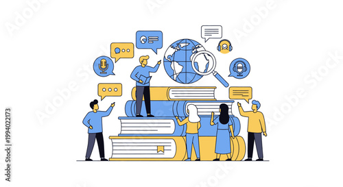 People researching global information and knowledge with books.