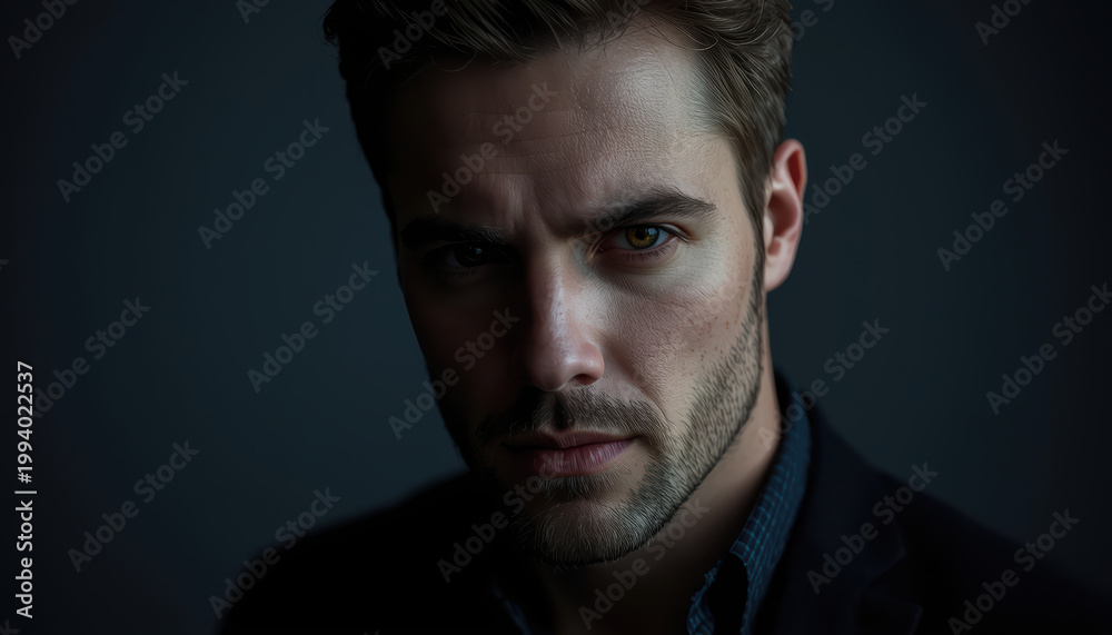 Fototapeta premium Calm introspective analytical male portrait moody lighting