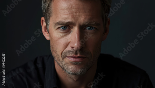 Calm introspective analytical man portrait closeup with soft lighting, subtle emotion