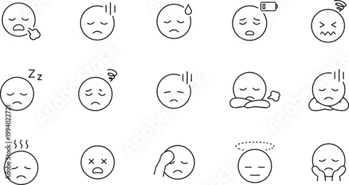 Minimal Tired Emotions Icons Set - Clean Line Exhausted and Fatigue Face Vector 15 Icons Grid