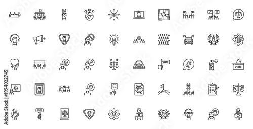 Activism icon set. Vector symbols for protest, equality, rights, protest, vote, speech, shield, crowd, earth day and more. Editable line icons.