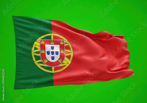 Waving flag of portugal, a national symbol featuring green and red vertical stripes with the national coat of arms, highquality 3d render