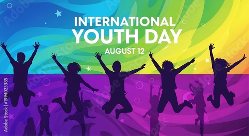 Silhouetted figures of young people jump against a colorful swirling background of blue and yellow for an international youth day banner.