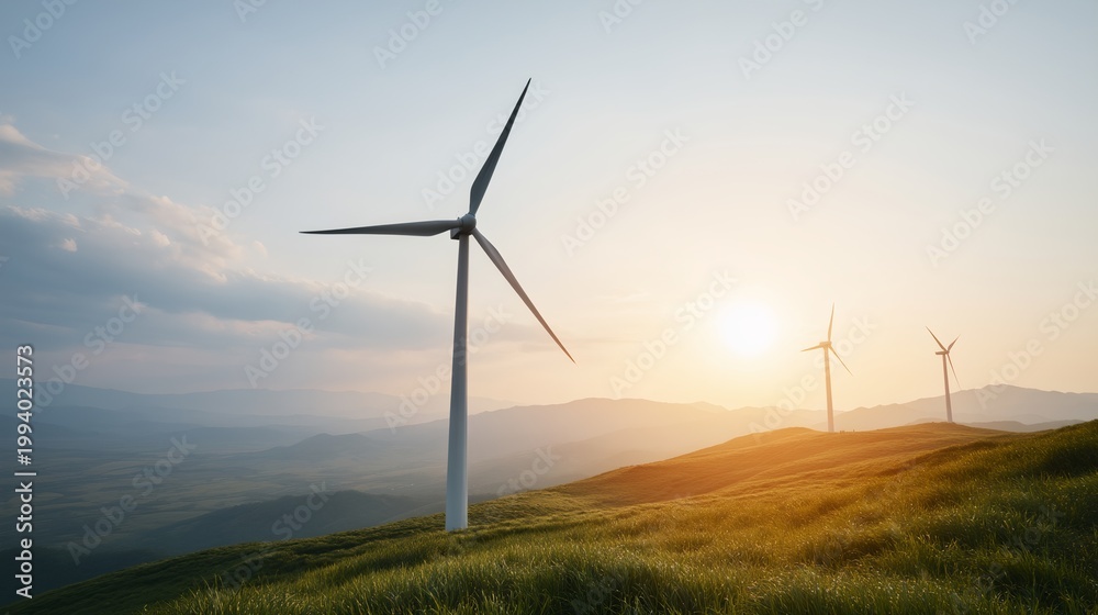 Obraz premium Sunrise illuminates wind turbines on hilly terrain with distant mountain range