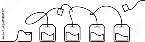 Continuous line drawing of several tea bags, simple creative artwork.