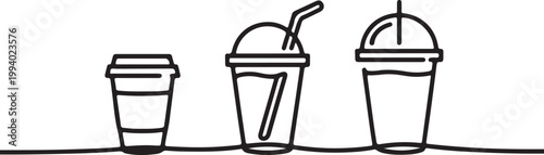 Continuous line drawing of take away cups, creative simple artwork.