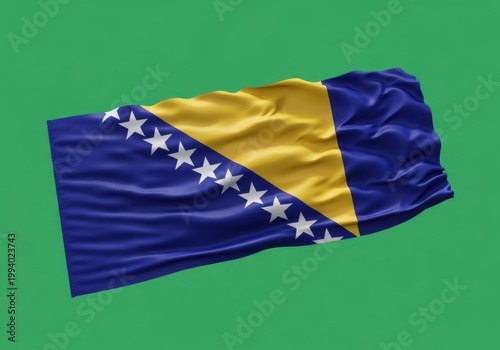 Waving flag of bosnia and herzegovina on a green background, high quality 3d render of the national flag of bosnia and herzegovina