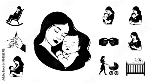 Mother holding sleeping baby tenderly, surrounded by various parenting icons and daily life moments in black and white silhouette.