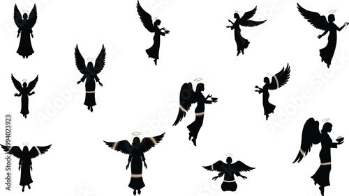 Angel silhouette vector illustrations showing halos, wings, and spiritual poses