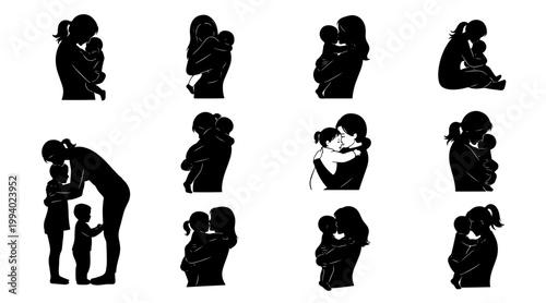 Silhouette series of diverse family bonding moments in minimalist black and white composition