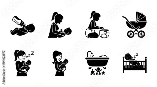 Flat design motherhood stages illustration with baby care activities and parenting milestones