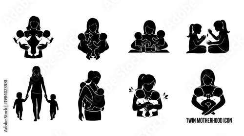 Flat design family icons set with mother, father, children, and baby in minimalist black silhouette
