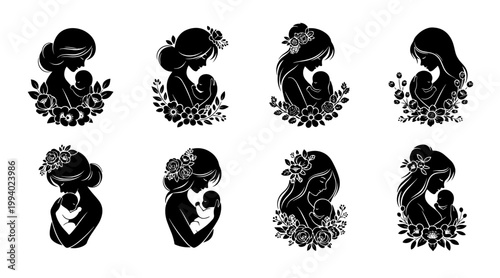Black silhouette of mother and baby bonding with floral elements in minimalist monochrome design