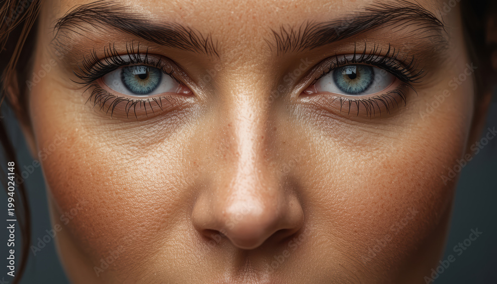 Fototapeta premium Blue eyes close up face skin texture portrait natural skin detail intense gaze