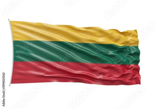 Waving flag of lithuania, a country in northern europe, with horizontal yellow, green, and red stripes, representing the national colors of the lithuanian state