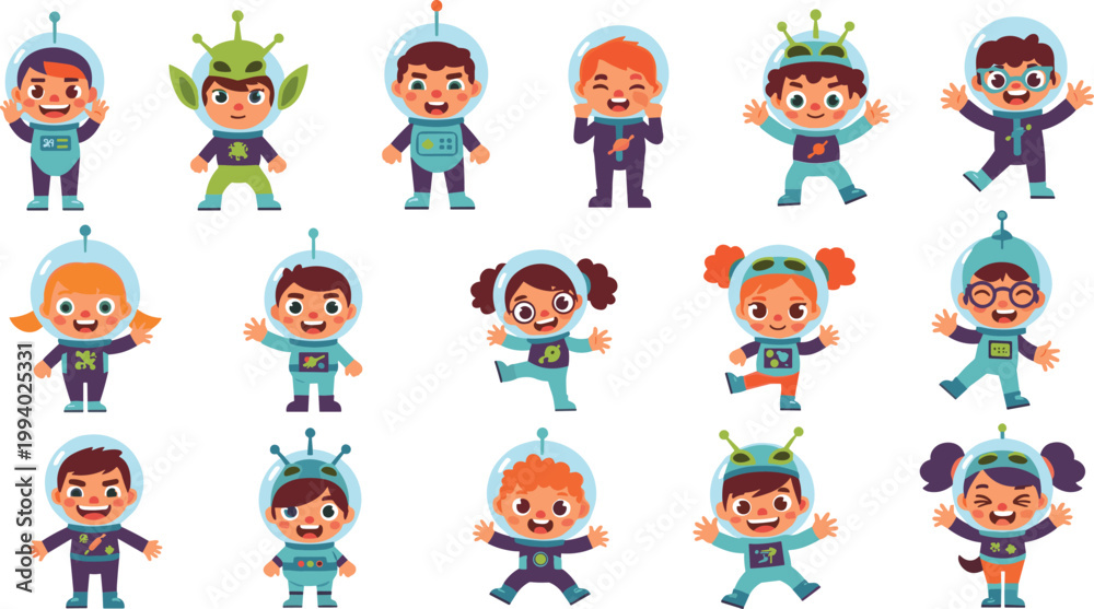 Fototapeta premium Children in astronaut and alien costumes vector illustrations showing playful space exploration