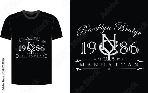 Black tshirt with brooklyn bridge manhattan 1986 graphic design and text