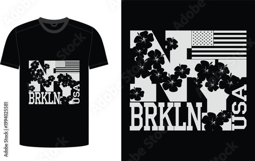 Graphic tshirt design featuring floral elements and american flag in black and white