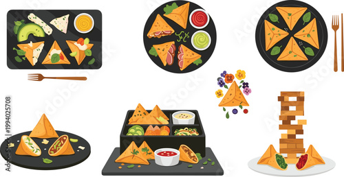 Creative food presentation vector illustrations showing samosas with sauces, garnishes, and playful arrangements