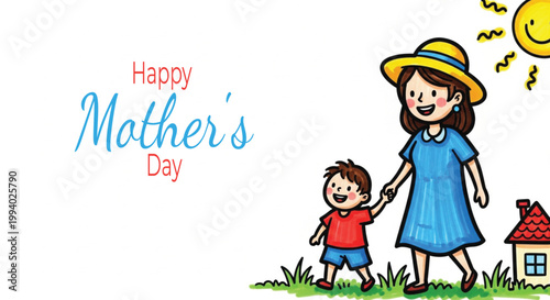 Happy mother's day illustration woman baby house and tree