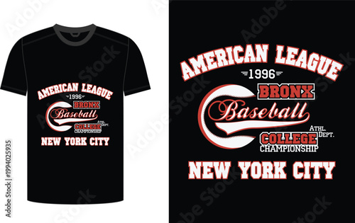 Black tshirt with red and white baseball league graphic design for sports fans