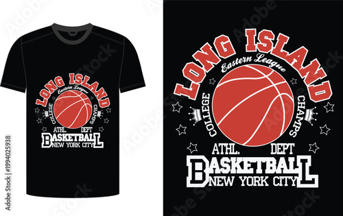 Basketball graphic tshirt design featuring bold text and a red ball