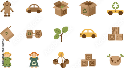 Eco‑friendly icon set vector illustrations showing recycling, plants, toys, and sustainable lifestyle objects