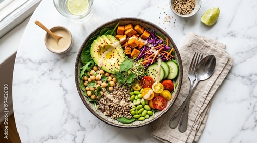 Foto Healthy vegan lunch grain bowl with sweet potato, edamame, and tahini dressing,