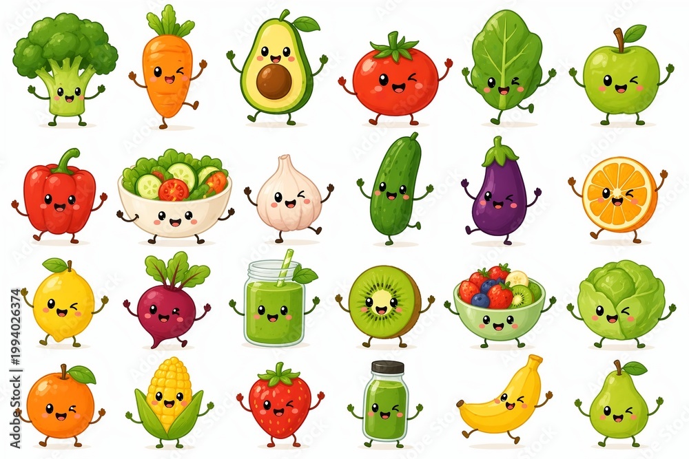 Naklejka premium Healthy Food Mascot Characters with Fresh and Clean Style